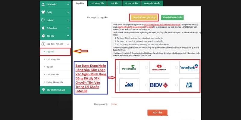 Nạp tiền Loto188 thông qua chuyển khoản ngân hàng cực nhanh chóng
